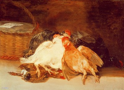 Stilleben med døde kyllinger og en flettet kurv (olie på lærred) af Francisco de Goya
