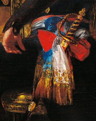 Sværd og skærf, detalje fra portræt af Ferdinand Guillemardet, Frankrigs ambassadør i Spanien fra 1798 til 1800 af Francisco de Goya (1746-1828), olie på lærred af Francisco Jose de Goya y Lucientes