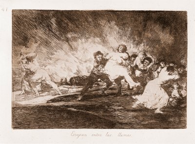 The Disasters of War: De flygter gennem flammerne (ætsning fra tegning af Francisco de Goya