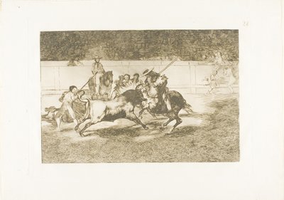 Den kraftfulde Rendón stikker en tyr med piquéen, hvorfra han døde i ringen i Madrid, plade 28 fra The Art of Tyrefighting af Francisco Jose de Goya y Lucientes