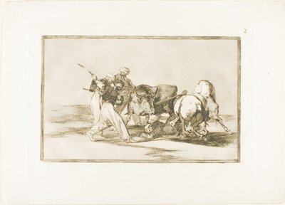 Maurerne havde slået sig ned i Spanien, opgivet overtroen i Koranen, overtaget denne jagtkunst og spyd en tyr i det fri, plade tre fra The Art of Tyrefighting af Francisco Jose de Goya y Lucientes