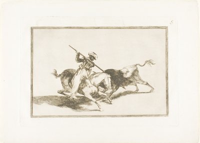Den spændende Moor Gazul er den første til at spyde tyre i henhold til regler, plade fem fra kunsten at tyrefægtning af Francisco Jose de Goya y Lucientes