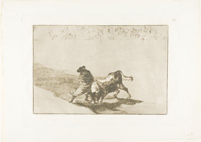Falkens meget dygtige elev, svøbt i sin kappe, tricker tyren med legemets leg, tallerken 14 fra The Art of Tyrefighting af Francisco Jose de Goya y Lucientes