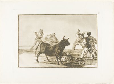 Pøbelen har tyren i hamstring med lanser, segl, banderillaer og andre arme, plade tolv fra The Art of Tyrefighting af Francisco Jose de Goya y Lucientes