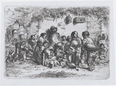 Tavle 11: en gruppe mennesker udendørs, fra rækken af skikke og tidsfordriv fra Spanien, 1850. af Francisco Lameyer Berenguer
