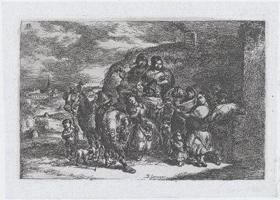 Plade 13: en gruppe mennesker udendørs, herunder muligvis musikere, fra serien af cust..., 1850. af Francisco Lameyer Berenguer