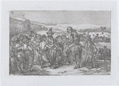 Plade 14: en stor gruppe mennesker udendørs, muligvis en gruppe skuespillere, fra serien o..., 1850. af Francisco Lameyer Berenguer