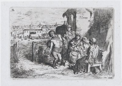 Plade 16: en gruppe mennesker udendørs, inklusive en mand, der hælder vin eller vand fra et kar ..., 1850. af Francisco Lameyer Berenguer