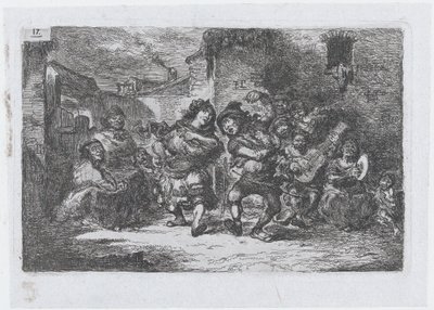 Tavle 17: gademusikanter og dansende figurer, fra rækken af skikke og tidsfordriv fra..., 1850. af Francisco Lameyer Berenguer