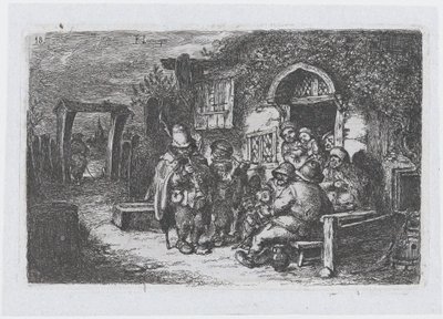 Tavle 18: gademusikanter og andre figurer uden for et værtshus, fra rækken af told ..., 1850. af Francisco Lameyer Berenguer