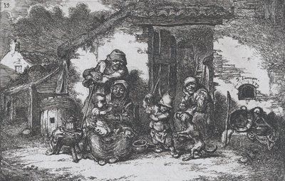 Plade 19: en familie og en dreng, der leger med en hund uden for et hus, fra serien af custom..., 1850. af Francisco Lameyer Berenguer