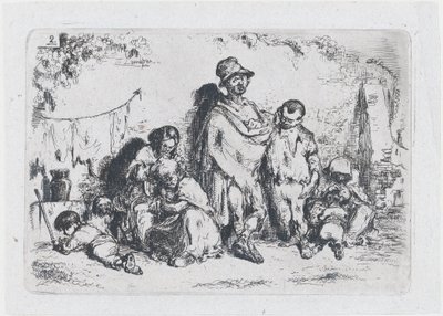 Plade 2: en gruppe mennesker på gaden, muligvis tiggere, fra rækken af told og..., 1850. af Francisco Lameyer Berenguer