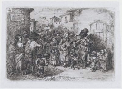Plade 3: en gruppe gademusikanter, fra rækken af skikke og tidsfordriv fra det spanske ..., 1850. af Francisco Lameyer Berenguer
