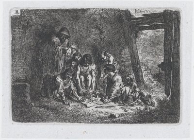 Plade 8: en gruppe figurer, hvoraf nogle spiller et spil, fra rækken af told og..., 1850. af Francisco Lameyer Berenguer