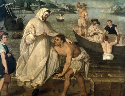 Sankt Peter Nolasque (1189-1256) går om bord for at befri kristne fanger holdt som gidsler af mauriske pirater for at blive solgt som slaver i Afrika (maleri) af Francisco Pacheco