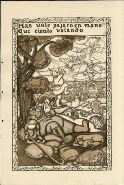 Illustration af Francisco Sancha Lengo (1874-1936) - Flying Leaf, ca. 1915 - Mere værd en fugl i hånden end hundrede flyvende - Krigen 14 -18, Tyskland Preussen, krigerister og symboler, Sejr, Fred, Spansk sprog, Udenlandsk presse af Francisco Sancha y Lengo
