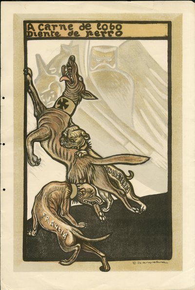 Illustration af Francisco Sancha Lengo (1874-1936) - Flyvende blad, ca. 1915 - A carne de lobo diente de perro - Krigen 14 -18, Tyskland Preussen, England Storbritannien, krigerister og symboler, Frankrig, spansk sprog, udenlandsk presse - Vilhelm II, Hund af Francisco Sancha y Lengo
