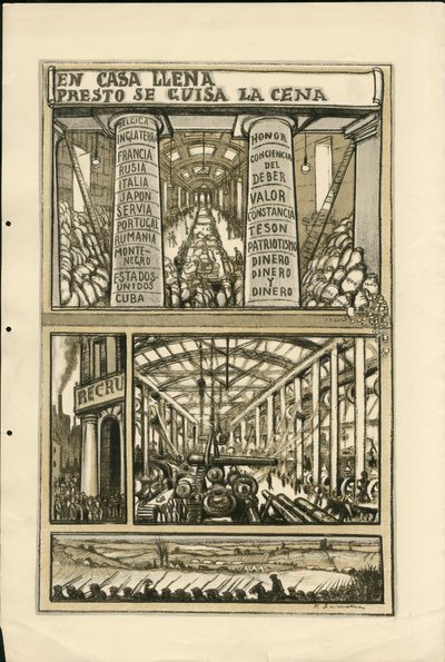 Illustration af Francisco Sancha Lengo (1874-1936) - Flyvende blad, ca. 1915 - En casa llena presto se guisa la cena - Krigen 14 -18, Kanoner, granater, Industrifabrikker, Spansk sprog, Mobilisering, Udenlandsk presse af Francisco Sancha y Lengo