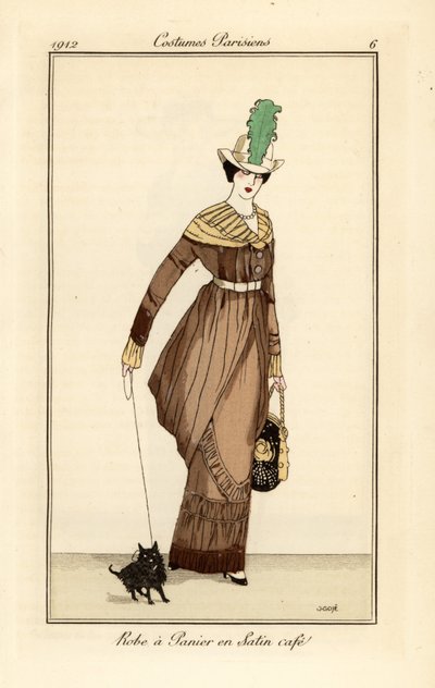 Kvinde i kurvekjole i kaffefarvet satin med hund, radering fra Tommaso Antonginis Journal des Dames et des Modes, Aux Bureaux du Journal des Dames, Paris af Francesc Xavier Gosé