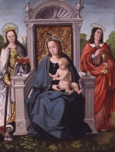 Madonna og barn med St. Catherine og St. John the Evangelist, ca. 1530-40 (panel) af Francisco de (attr. to) Comontes