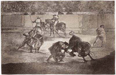 Tyrefægtning: en tyrefægter går ind i arenaen for at dræbe tyren med en hat i stedet for muletaen af Francisco de Goya