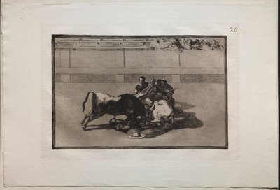 Tyrefights: A Picador is Unhorsed and Falls Under the Bull, 1876. af Francisco de Goya
