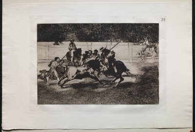 Tyrefights: The Forceful Rendon Stabs a Bull with the Piqué, hvorfra han døde i ringen ved Madrid af Francisco de Goya
