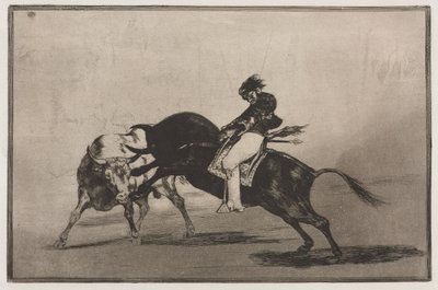 Tyrefægtning: Den samme Ceballos monteret på en anden tyr bryder korte spyd i ringen i Madrid af Francisco de Goya