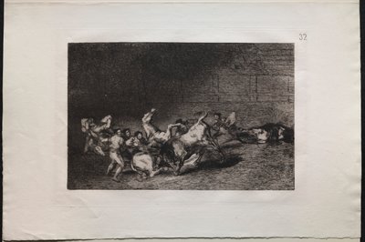 Tyrefægtning: To hold af Picadors kastet efter hinanden af en enkelt tyr af Francisco de Goya