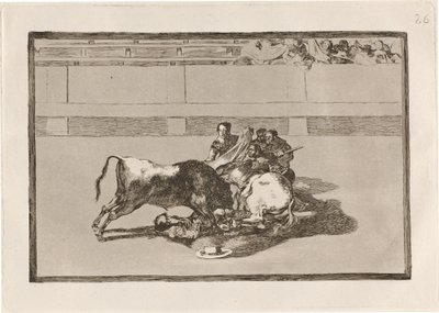 Fald af en picador fra sin hest under tyren (En Picador er unhorsed og falder under tyren) af Francisco de Goya
