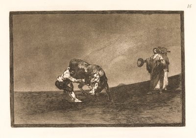 Den samme mand trækker en tyr omkuld i arenaen i Madrid af Francisco de Goya