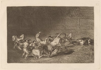 To hold af Picadors kastet efter hinanden af ​​en enkelt Tyr af Francisco de Goya
