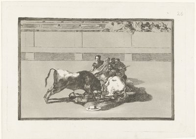 En picador er blevet væltet af sin hest og ligger under tyren Caida de un picador de su caballo debajo del toro La Tauromaquia (serietitel) Tyrefægtning (serietitel) af Francisco de Goya