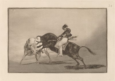 Den samme Ceballos monteret på en anden tyr bryder Rejones på Plaza de Madrid (Den samme Ceballos monteret på en anden tyr bryder korte spyd i ringen i Madrid) af Francisco de Goya