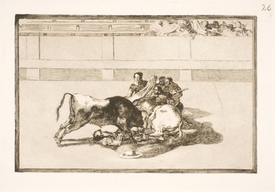 En picador bliver kastet af hesten og styrter under tyren af Francisco de Goya
