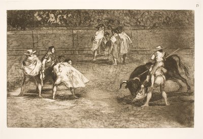 En tyrefægter, siddende på skuldrene af en hjælper, stanger en tyr af Francisco de Goya