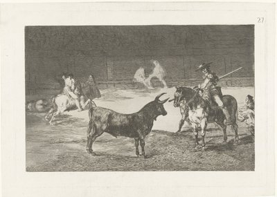 Fernando del Toro daagt en stier ud Den berømte Fernando del Toro, barilarguero, tvinger udyret med sin stang Tyrefægtning (serietitel) Stierenvechten (serietitel) af Francisco de Goya