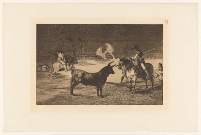Fernando del Toro daagt en stier ud Den berømte Fernando del Toro, barilarguero, tvinger udyret med sin stang Stierengevechten (serietitel) La Taureamachie (serietitel) Tyrefægtning (serietitel) af Francisco de Goya