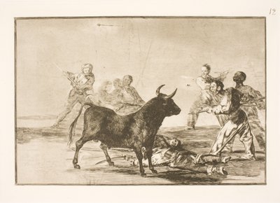 Folket stækker tyren med lanser, segl, banderillaer og andre våben af Francisco de Goya