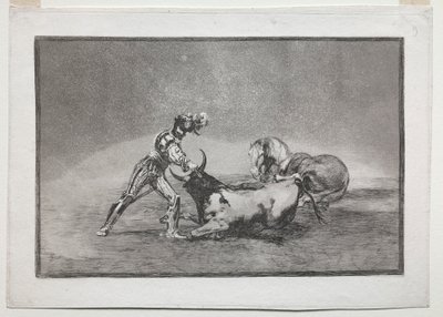 La Tauramaquia: En spansk ridder dræber tyren efter at have mistet sin hest, 1815-1816. af Francisco de Goya