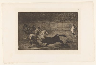 Mand til hest stikker sin lanse ind i en tyr Un cavalier espagnol brisant des 