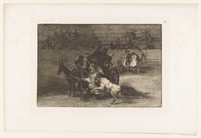Mænd angriber en tyr fra en vogn Combat dans une voiture attelée de deux mulets Tyrefægtning (serietitel) La Taureaumachie (serietitel) La Tauromaquia (serietitel) af Francisco de Goya