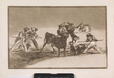 Maurerne benytter æsler som barriere for at forsvare sig mod tyren, hvis horn er blevet forsynet med kugler af Francisco de Goya