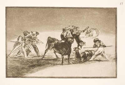 Maurerne benytter æsler som barriere for at forsvare sig mod tyren, hvis horn er blevet forsynet med kugler af Francisco de Goya