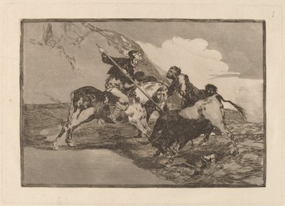 Måden, hvorpå de gamle spaniere jagede tyre til hest i marken (Måden, hvorpå de gamle spaniere jagede tyre på hesteryg i det åbne land) af Francisco de Goya