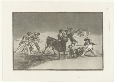 Maurer og æsler kæmper mod en tyr Palenque de los Moros hecho con burros para defenderse del toro embolado La Tauromaquia (serietitel) Tyrefægtning (serietitel) af Francisco de Goya