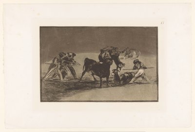 Maurer og æsler kæmper mod en tyr Palenque de los Moros hecho con burros para defenderse del toro embolado Tyrefægtning (serietitel) La Taureaumachie (serietitel) La Tauromaquia (serietitel) af Francisco de Goya