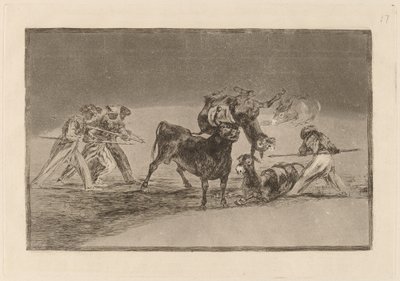 Palenque de los moros hecho con burros para defenderse del toro embolado (Maurerne bruger æsler som en barriere for at forsvare sig mod tyren, hvis horn er blevet væltet med bolde) af Francisco de Goya