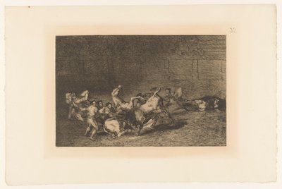 Picador steekt een lans i en stier To grupper af picadorer kørt over på rad af en enkelt tyr Stierengevechten (serietitel) La Taureamachie (serietitel) Tyrefægtning (serietitel) af Francisco de Goya