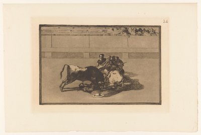 Picador faldt af sin hest Caida de un picador de su caballo debajo del toro Tyrefægtning (serietitel) La Taureaumachie (serietitel) La Tauromaquia (serietitel) af Francisco de Goya